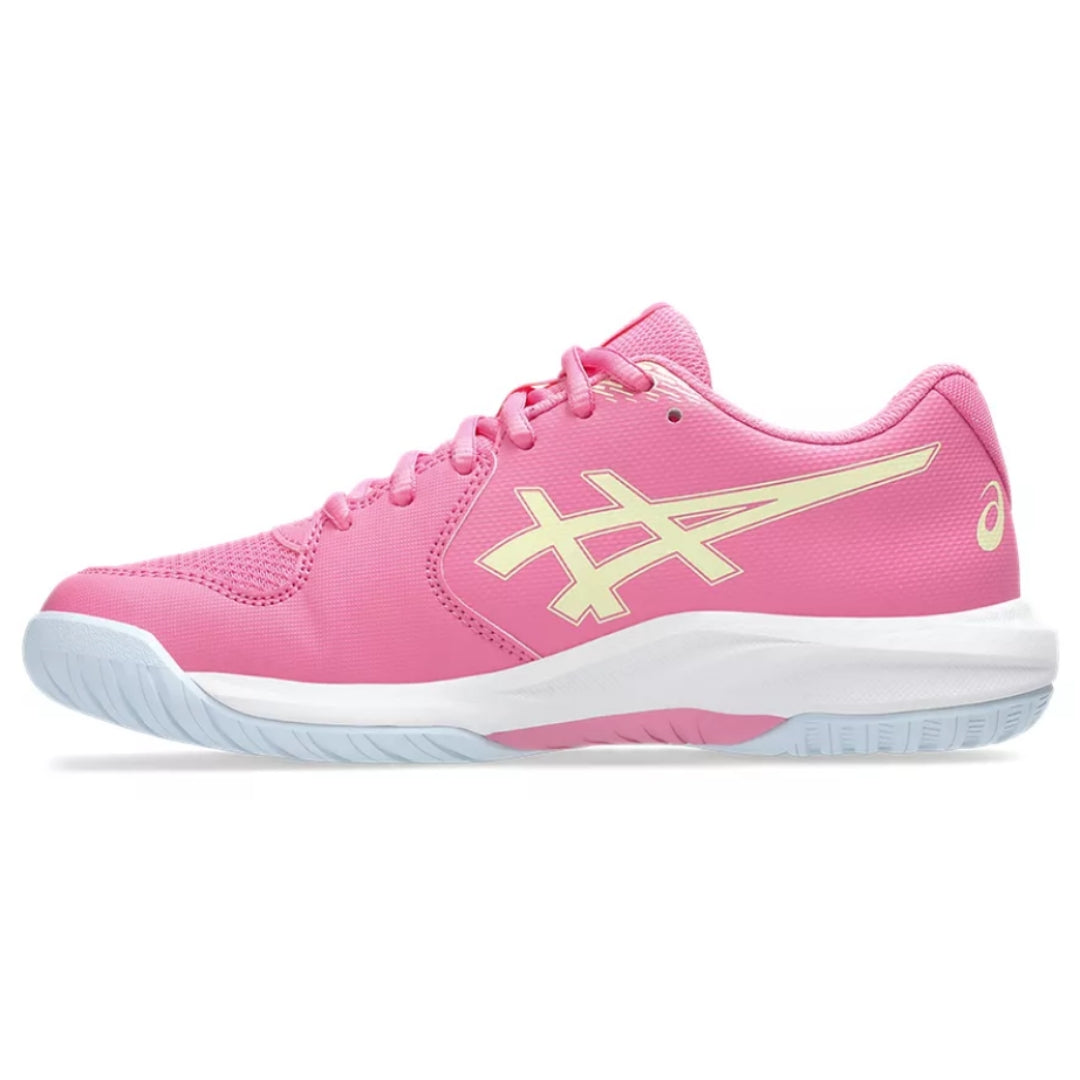 ASICS GEL-DEDICATE 9 GS lasten sisäliikuntakengät värissä pinkki-valkoinen ja keltainen.