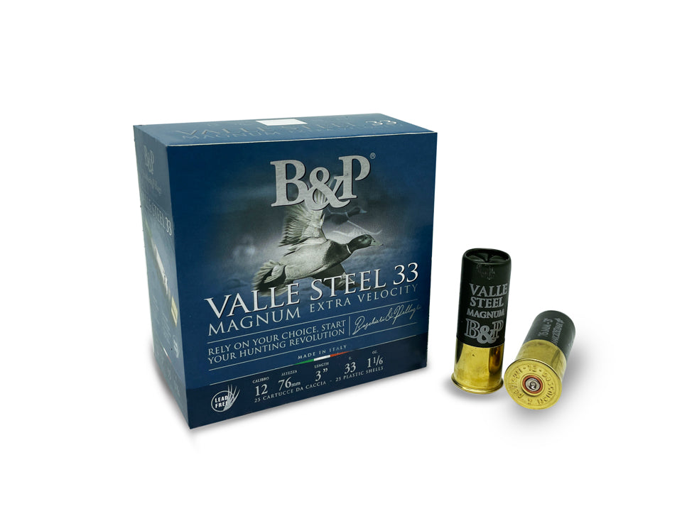 Baschieri & Pellagri Valle Steel 36g Magnum on tehokas 12/76 teräshaulipatruuna, joka on suunniteltu metsästykseen silloin, kun tarvitaan suurta 36 gramman teräshaulilatausta ja Magnum patruunan suorituskykyä. Patruuna soveltuu erityisesti vesilinnustukseen ja muuhun metsästykseen, jossa teräshaulien käyttö on sallittua.