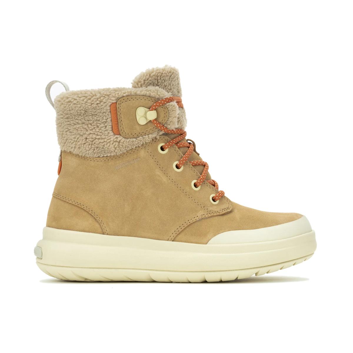 Merrell Marquette Thermo Lace Waterproof on lämmin ja vedenpitävä naisten talvikenkä, joka sopii talven arkikäyttöön, kaupunkikävelyille ja ulkoiluun. Tyylikäs mokkanahkainen päällinen yhdistyy lämpimään fleecevuoriin, eristykseen ja pehmeään askeltuntumaan.