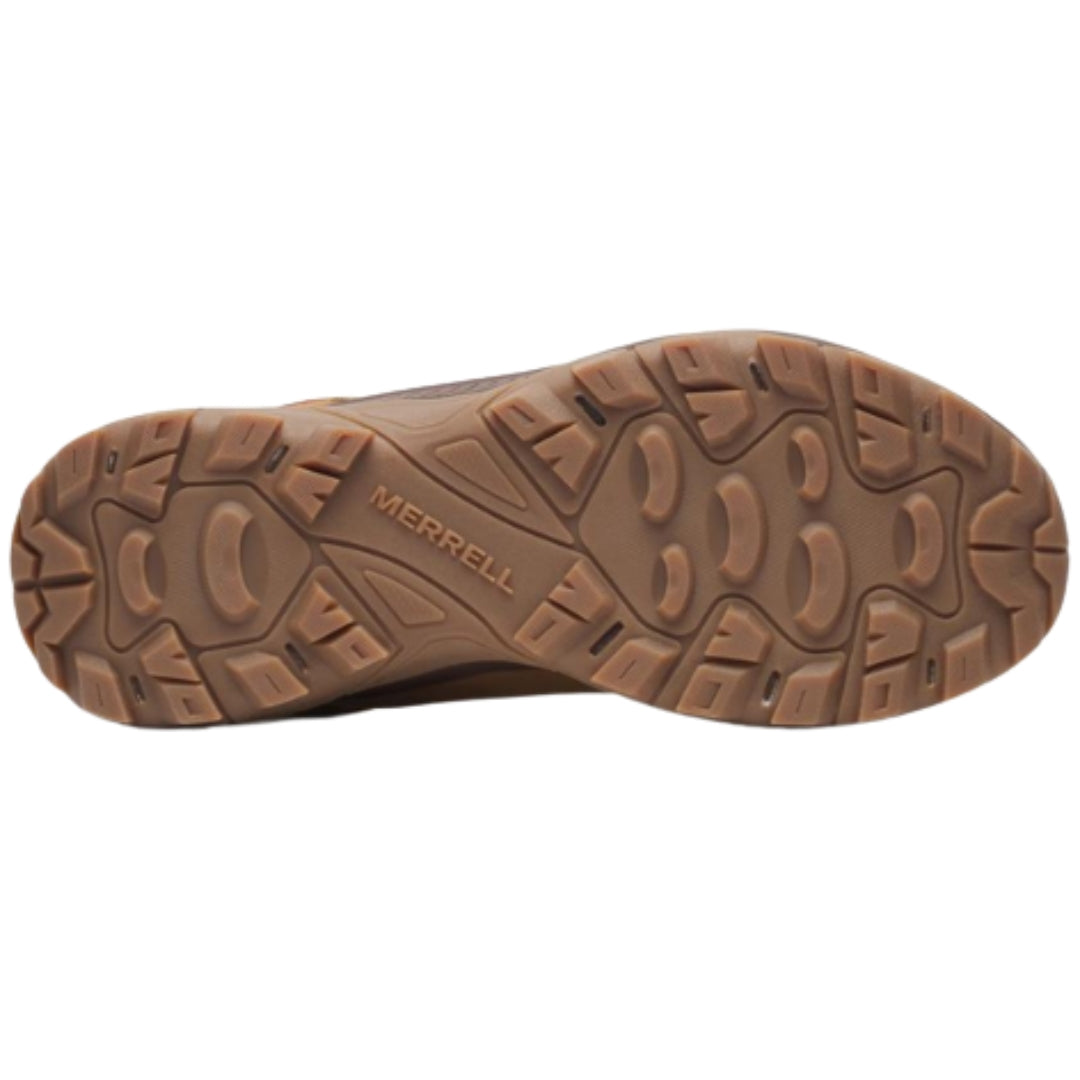 Merrell Speed Strike 2 LTR on miesten vedenpitävä ja lämpöeristetty ulkoilukenkä, joka yhdistää vaelluskengän suojan urheilulliseen muotoiluun. Kuva pohjasta.