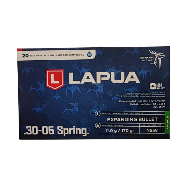 Lapua Naturalis .30-06 Spr -kiväärinpatruuna täyskuparisella, laajenevalla luodilla. Naturalis-luoti säilyttää tyypillisesti jopa 100% jäämäpainostaan, laajenee kaksinkertaisesti alkuperäisestä läpimitastaan ja omaa hyvän tunkeuman.